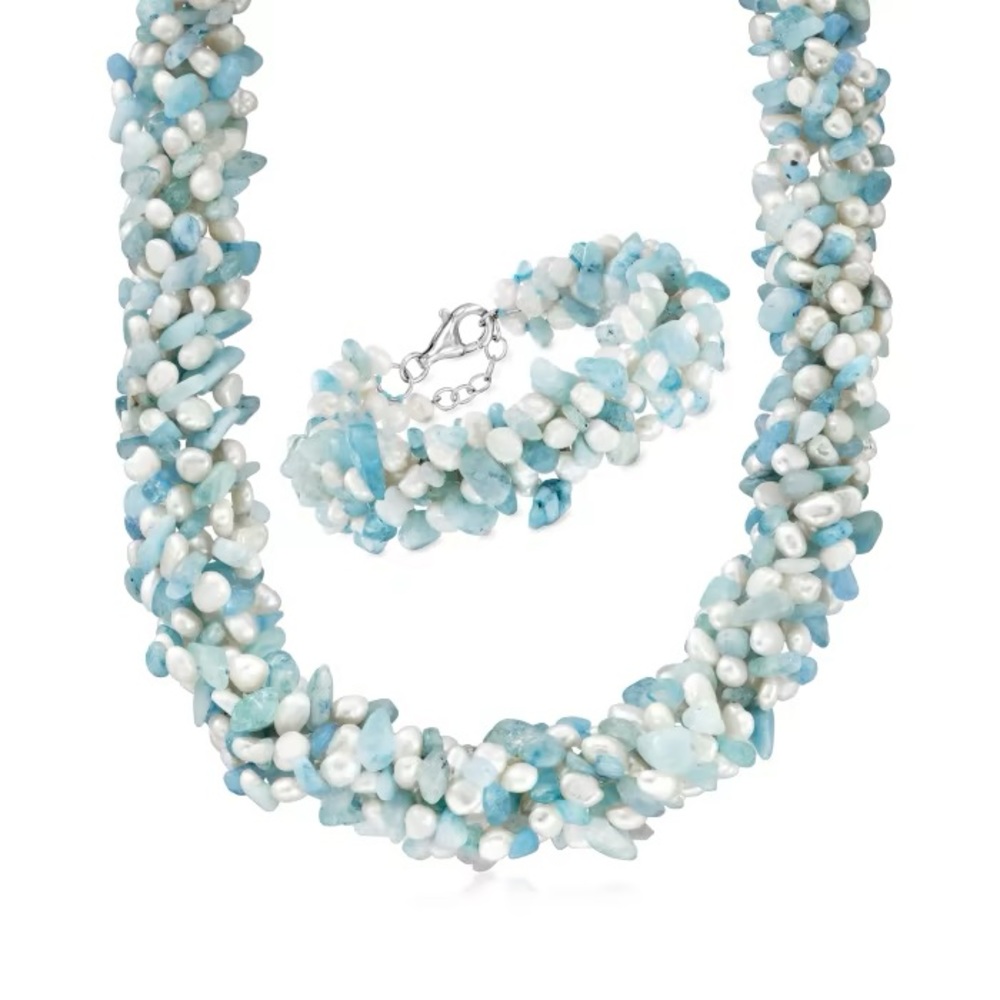 Aquamarine Bead and 5-6mm Cultured Pearl Torsade Necklace with Bracelet (NEW)